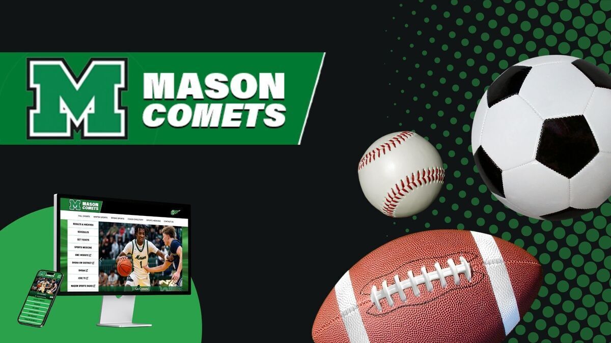Mason Comets logo and website with football, soccer ball, and baseball
